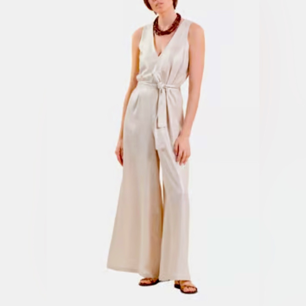 LAFFAIRE Sz M Elegant Cream Sleeveless Belted Wide Leg Unlined Linen Jumpsuit